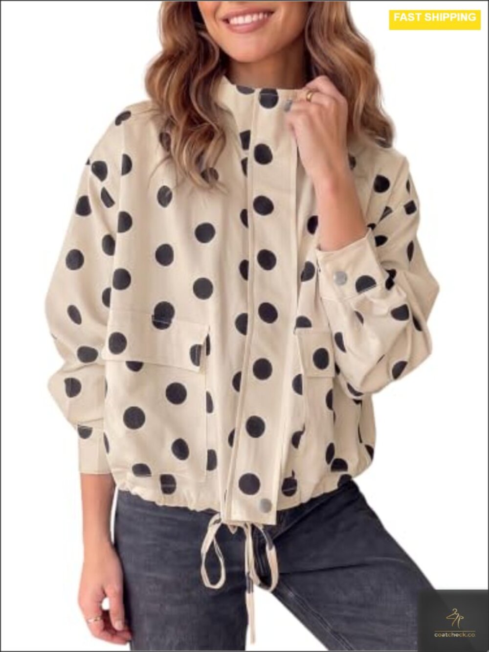 Women Cropped Casual Jacket Polka Dot Zipper Up Oversized